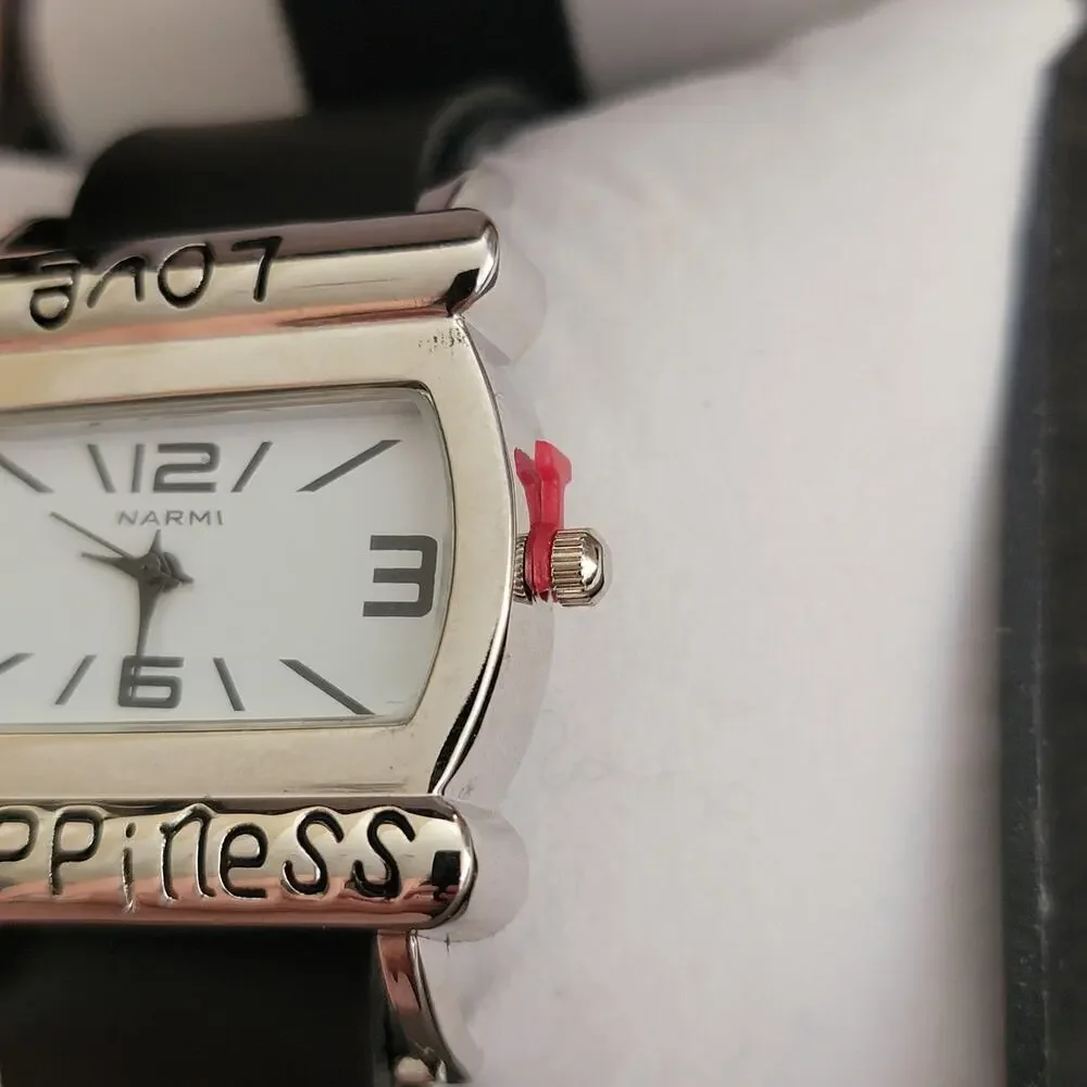 Vintage Narmi 5582 Womens Watch White Dial Love Happiness Black Strap Quartz